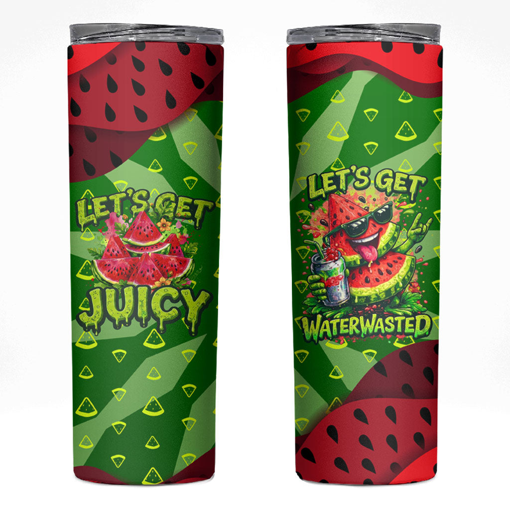 Let's Get Juicy Waterwasted Watermelon Skinny Tumbler Funny Cartoon Summer Fruit Party Art