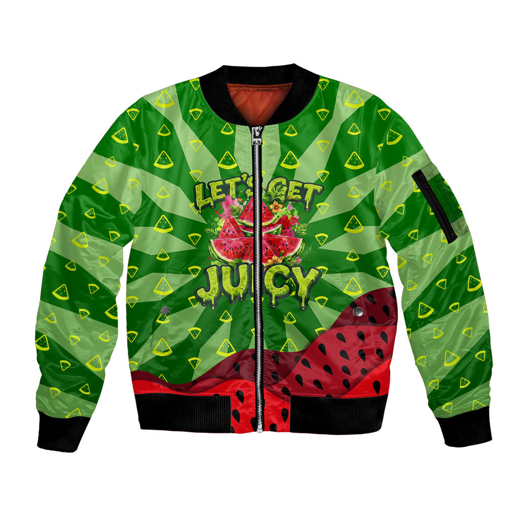Let's Get Juicy Waterwasted Watermelon Sleeve Zip Bomber Jacket Funny Cartoon Summer Fruit Party Art