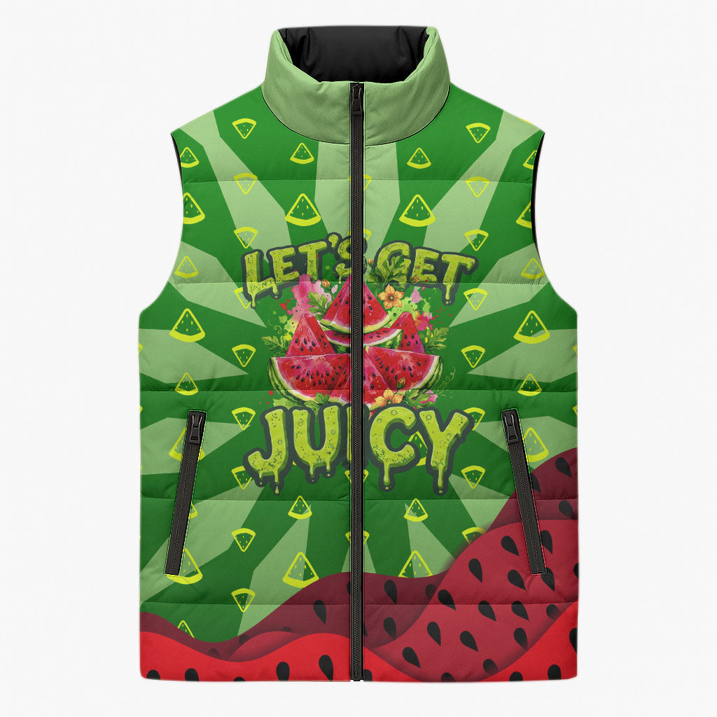 Let's Get Juicy Waterwasted Watermelon Sleeveless Puffer Jacket Funny Cartoon Summer Fruit Party Art