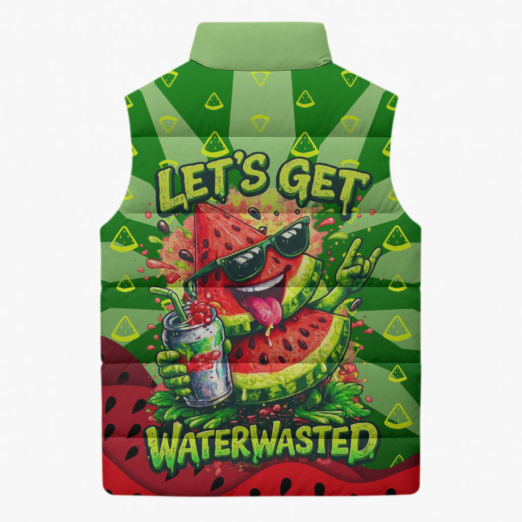 Let's Get Juicy Waterwasted Watermelon Sleeveless Puffer Jacket Funny Cartoon Summer Fruit Party Art