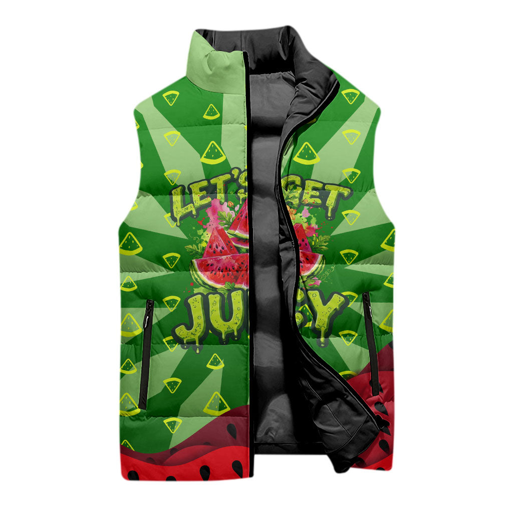 Let's Get Juicy Waterwasted Watermelon Sleeveless Puffer Jacket Funny Cartoon Summer Fruit Party Art
