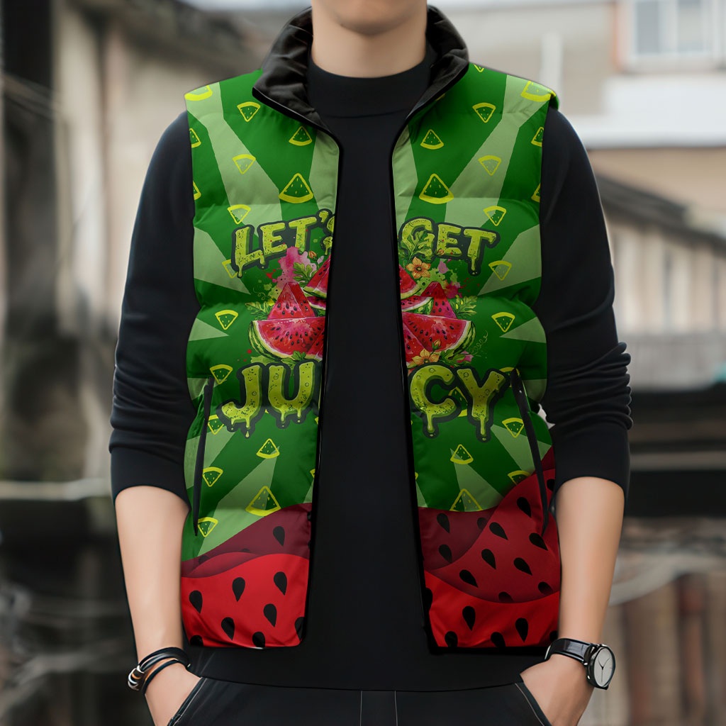 Let's Get Juicy Waterwasted Watermelon Sleeveless Puffer Jacket Funny Cartoon Summer Fruit Party Art
