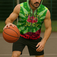 Let's Get Juicy Waterwasted Watermelon Sleeveless Zip Hoodie Funny Cartoon Summer Fruit Party Art