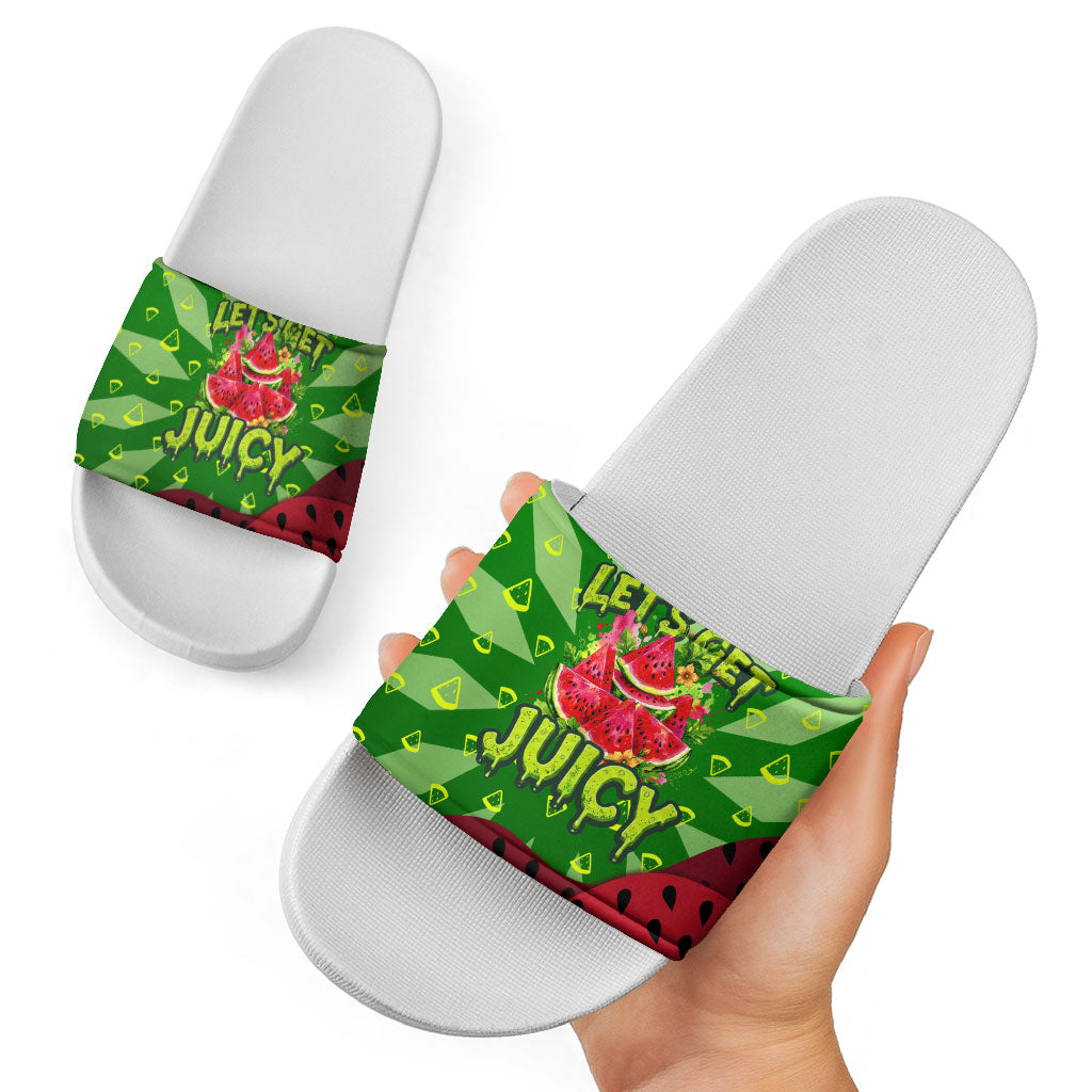 Let's Get Juicy Waterwasted Watermelon Slide Sandals Funny Cartoon Summer Fruit Party Art