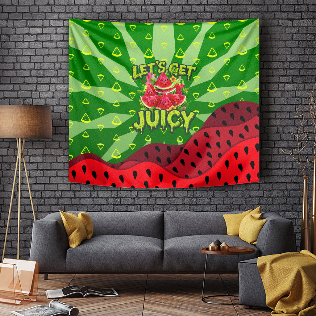 Let's Get Juicy Waterwasted Watermelon Tapestry Funny Cartoon Summer Fruit Party Art