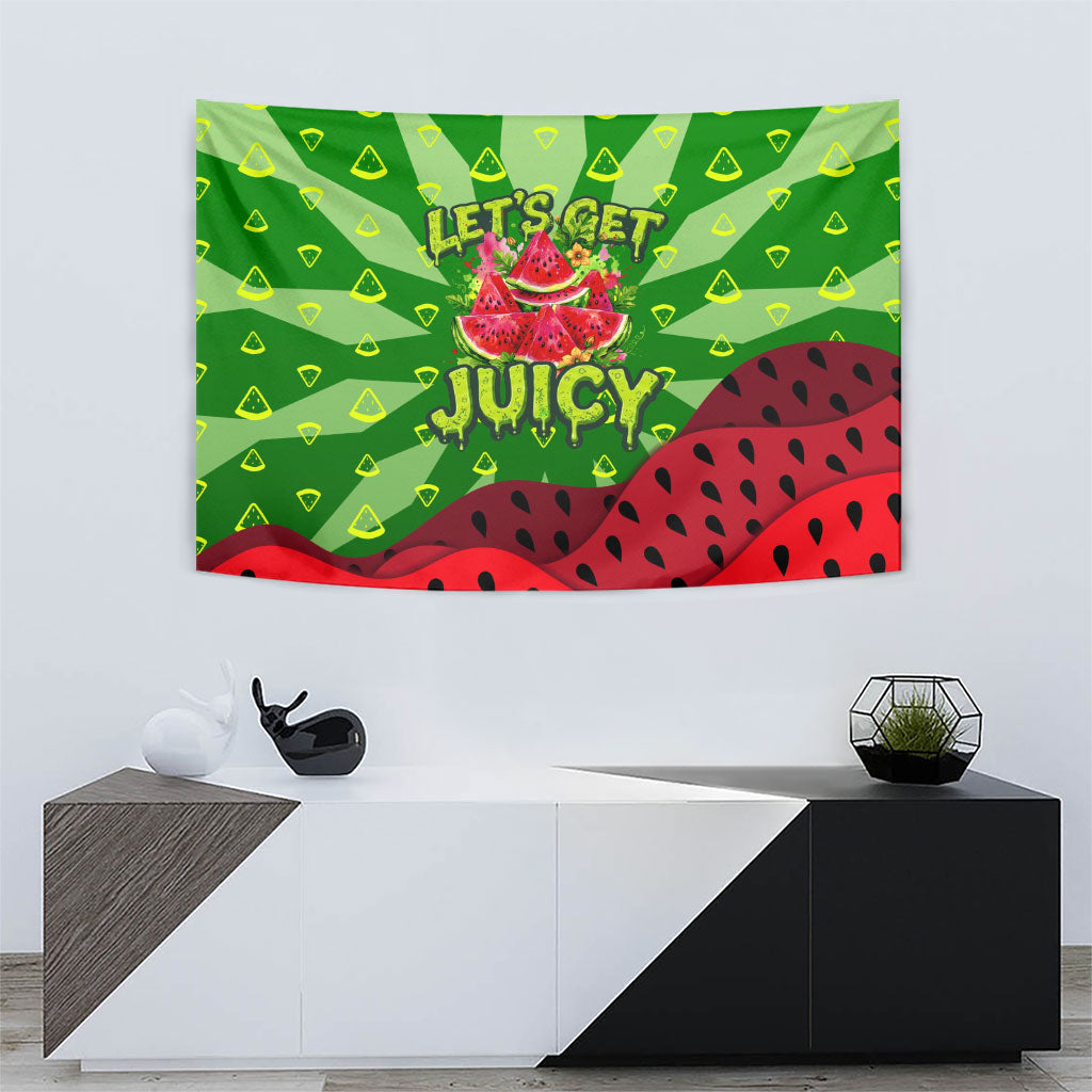 Let's Get Juicy Waterwasted Watermelon Tapestry Funny Cartoon Summer Fruit Party Art