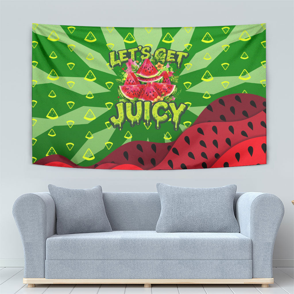 Let's Get Juicy Waterwasted Watermelon Tapestry Funny Cartoon Summer Fruit Party Art