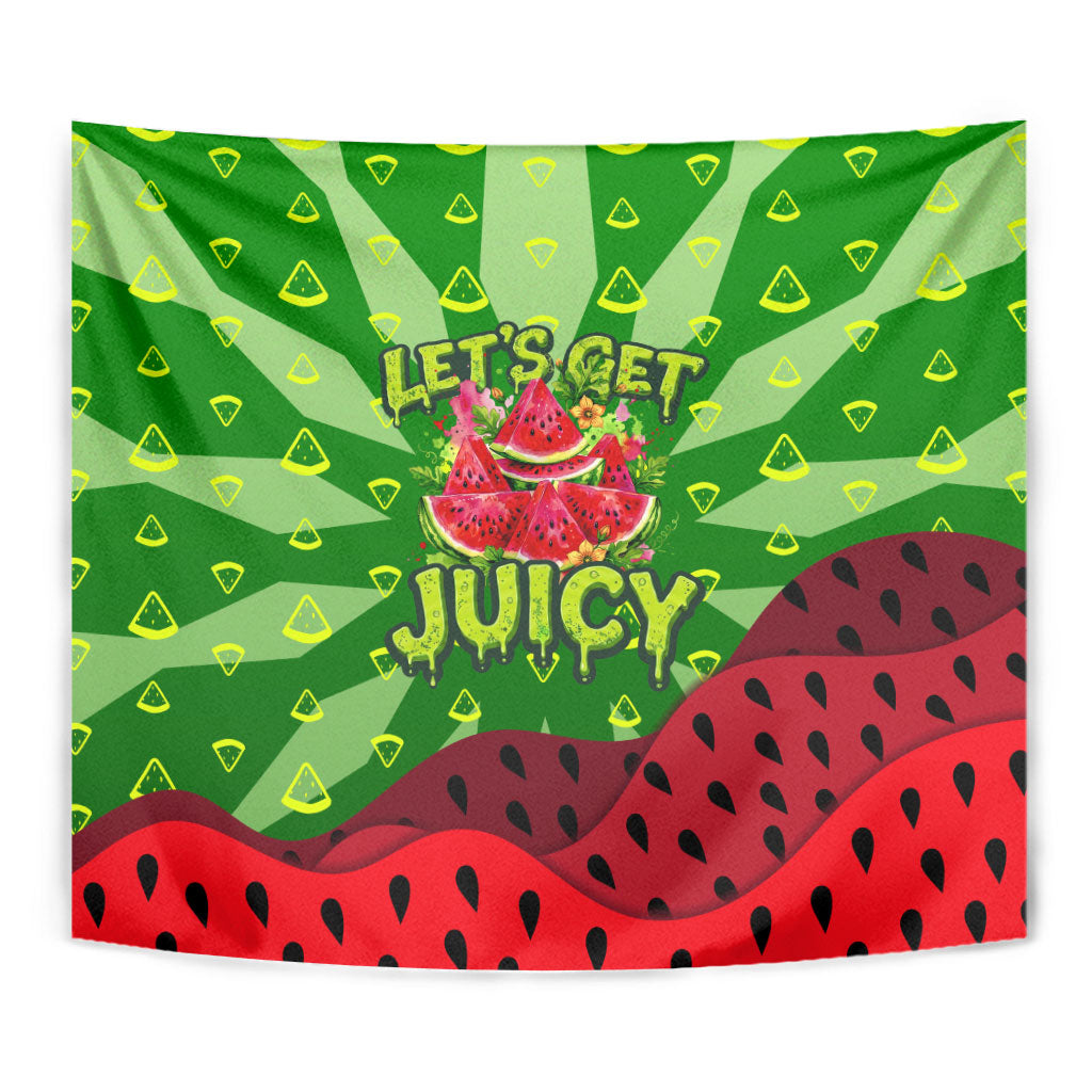 Let's Get Juicy Waterwasted Watermelon Tapestry Funny Cartoon Summer Fruit Party Art