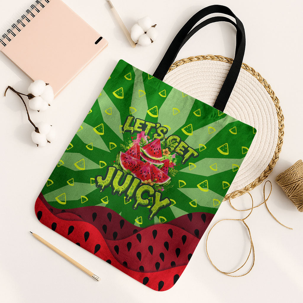 Let's Get Juicy Waterwasted Watermelon Tote Bag Funny Cartoon Summer Fruit Party Art