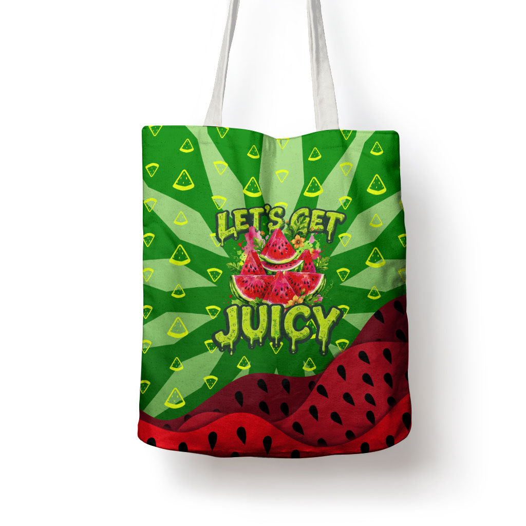Let's Get Juicy Waterwasted Watermelon Tote Bag Funny Cartoon Summer Fruit Party Art