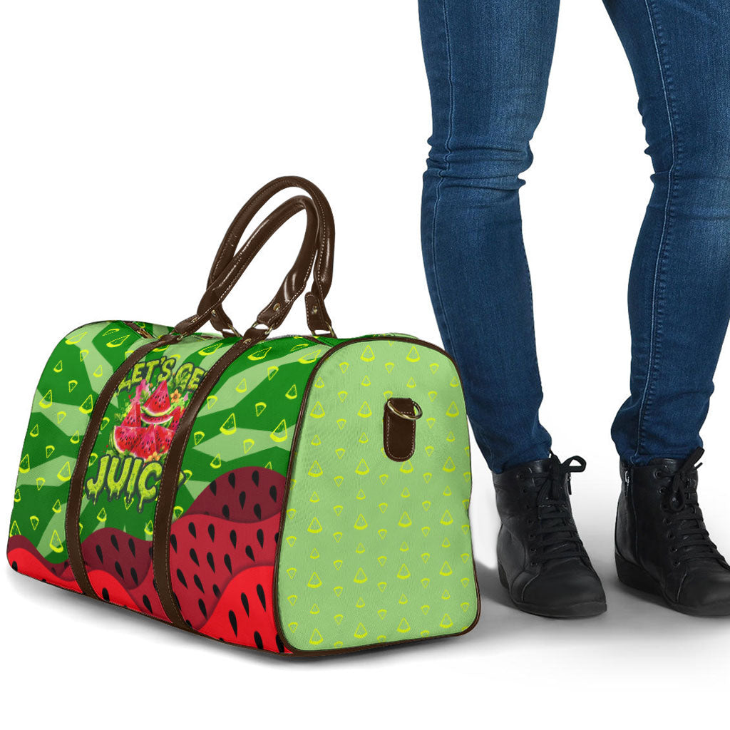 Let's Get Juicy Waterwasted Watermelon Travel Bag Funny Cartoon Summer Fruit Party Art