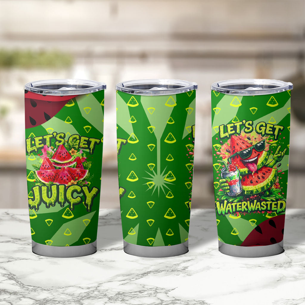 Let's Get Juicy Waterwasted Watermelon Tumbler Cup Funny Cartoon Summer Fruit Party Art