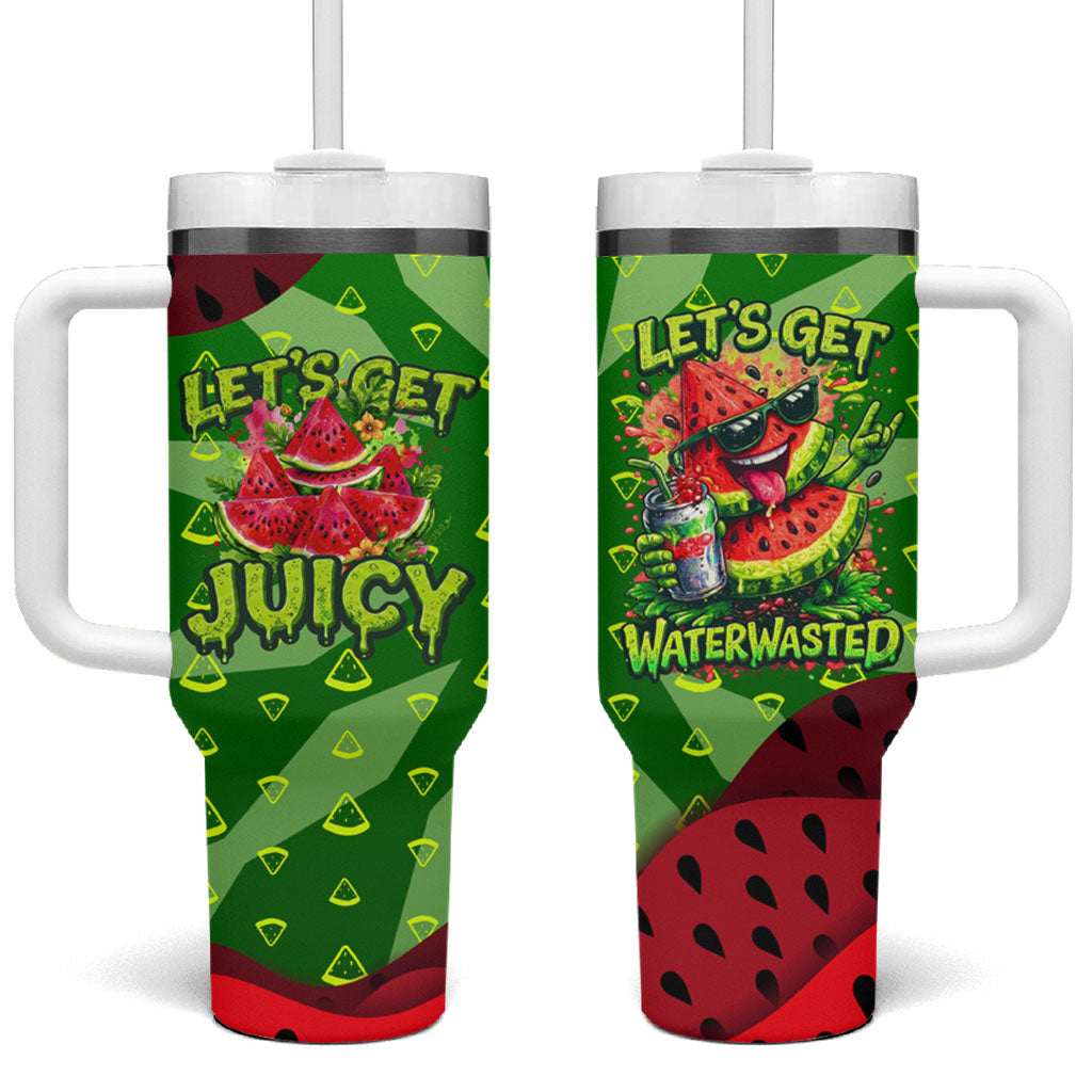 Let's Get Juicy Waterwasted Watermelon Tumbler With Handle Funny Cartoon Summer Fruit Party Art