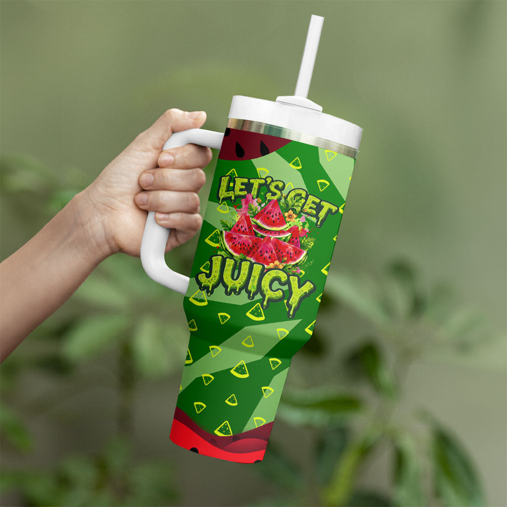 Let's Get Juicy Waterwasted Watermelon Tumbler With Handle Funny Cartoon Summer Fruit Party Art