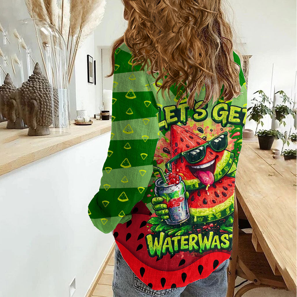 Let's Get Juicy Waterwasted Watermelon Women Casual Shirt Funny Cartoon Summer Fruit Party Art