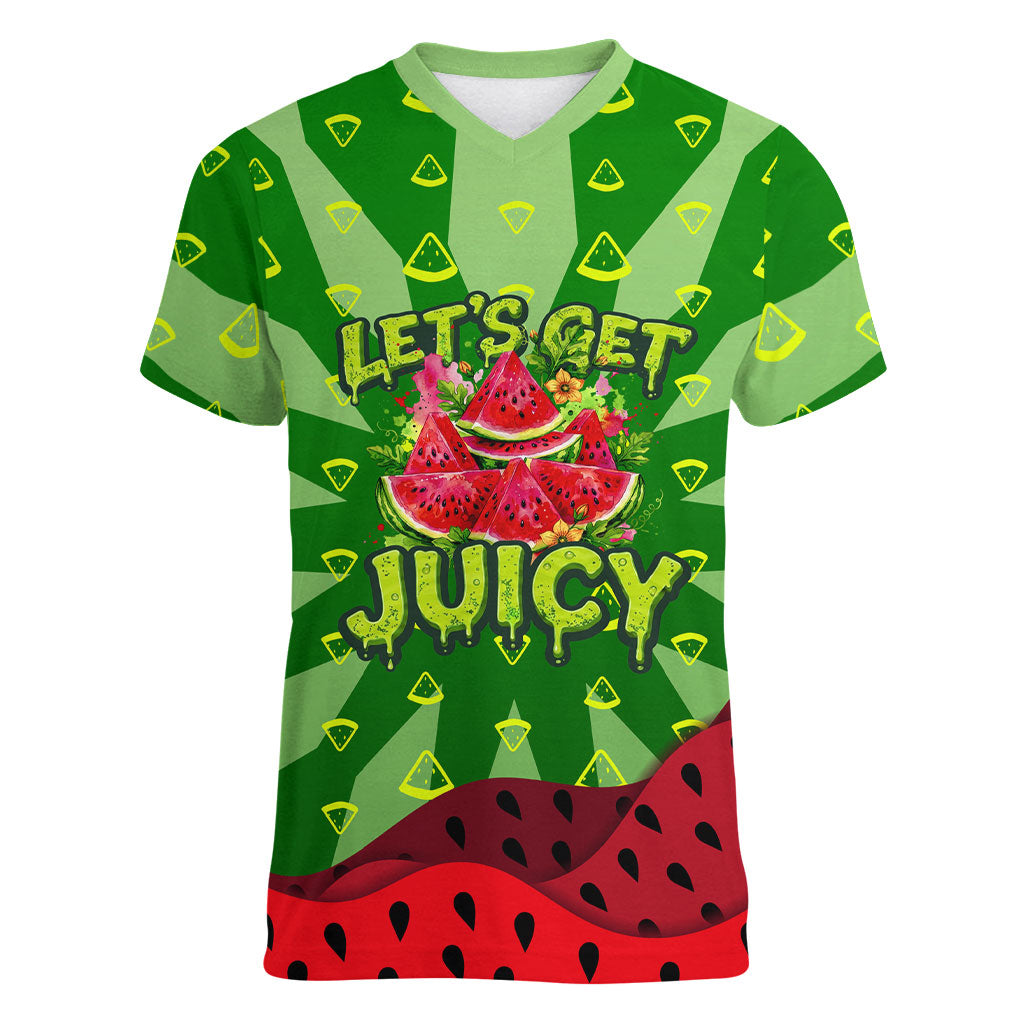 Let's Get Juicy Waterwasted Watermelon Women V-Neck T-Shirt Funny Cartoon Summer Fruit Party Art