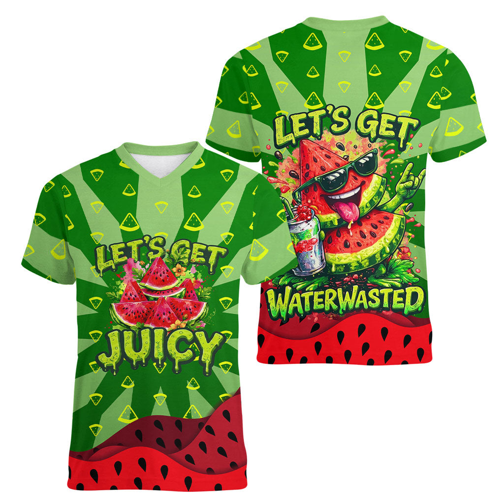 Let's Get Juicy Waterwasted Watermelon Women V-Neck T-Shirt Funny Cartoon Summer Fruit Party Art