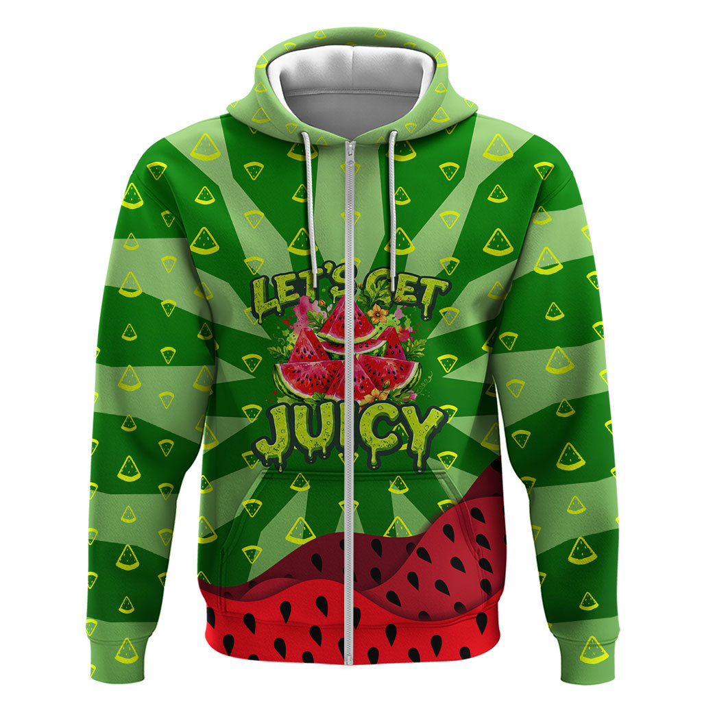 Let's Get Juicy Waterwasted Watermelon Zip Hoodie Funny Cartoon Summer Fruit Party Art