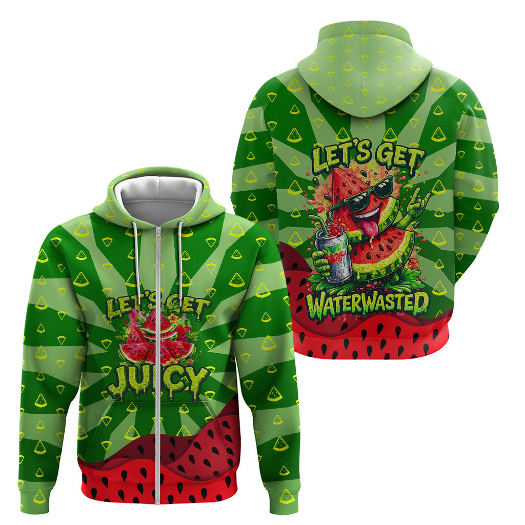 Let's Get Juicy Waterwasted Watermelon Zip Hoodie Funny Cartoon Summer Fruit Party Art