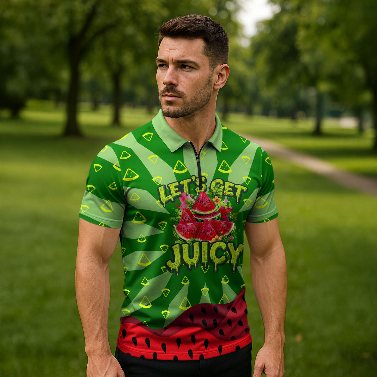 Let's Get Juicy Waterwasted Watermelon Zipper Polo Shirt Funny Cartoon Summer Fruit Party Art