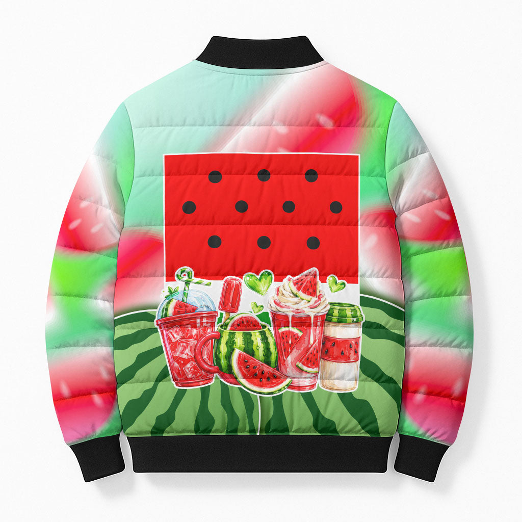 Summer Vibes Watermelon Bomber Puffer Jacket Drinks And Fruit - Vibrant Watercolor Style - Tropical Vacation Art