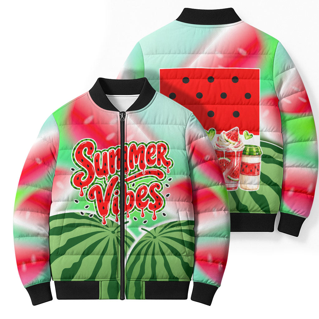 Summer Vibes Watermelon Bomber Puffer Jacket Drinks And Fruit - Vibrant Watercolor Style - Tropical Vacation Art
