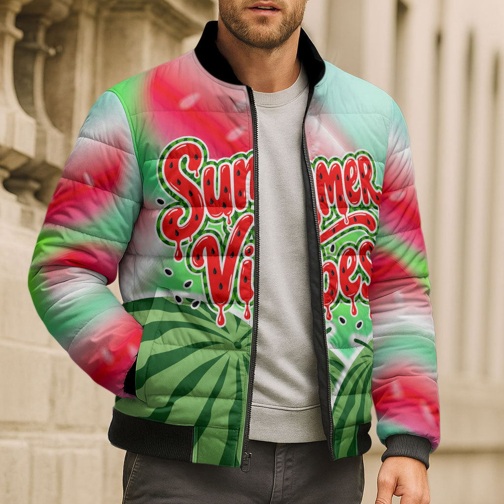 Summer Vibes Watermelon Bomber Puffer Jacket Drinks And Fruit - Vibrant Watercolor Style - Tropical Vacation Art