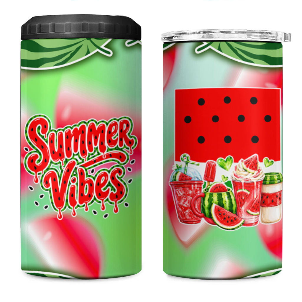 Summer Vibes Watermelon 4 in 1 Can Cooler Tumbler Drinks And Fruit - Vibrant Watercolor Style - Tropical Vacation Art