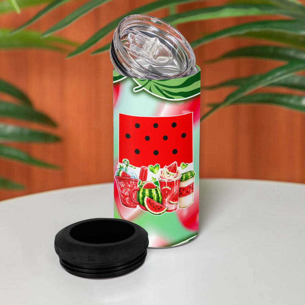 Summer Vibes Watermelon 4 in 1 Can Cooler Tumbler Drinks And Fruit - Vibrant Watercolor Style - Tropical Vacation Art