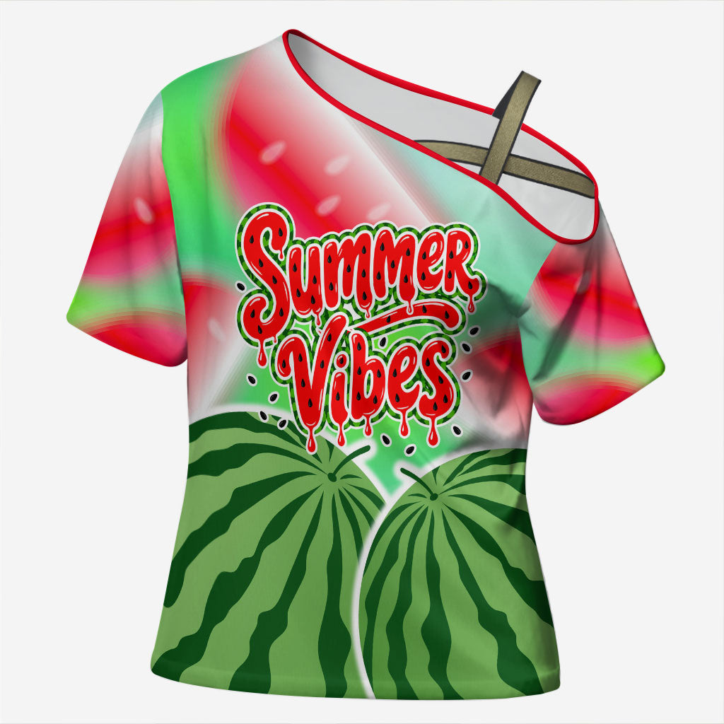 Summer Vibes Watermelon Cross Shoulder Shirt Drinks And Fruit - Vibrant Watercolor Style - Tropical Vacation Art