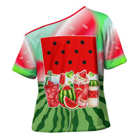 Summer Vibes Watermelon Cross Shoulder Shirt Drinks And Fruit - Vibrant Watercolor Style - Tropical Vacation Art