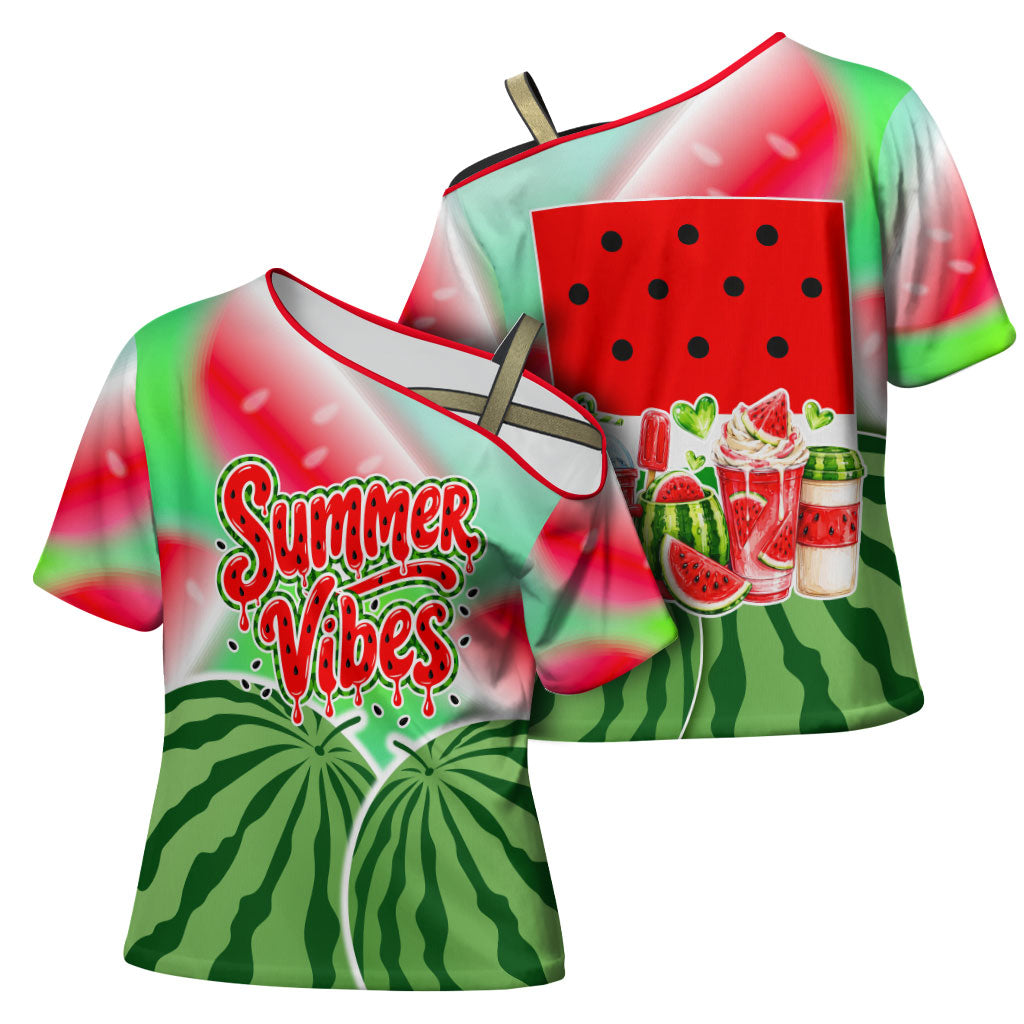Summer Vibes Watermelon Cross Shoulder Shirt Drinks And Fruit - Vibrant Watercolor Style - Tropical Vacation Art