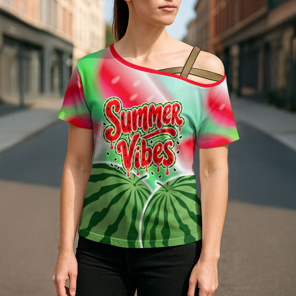 Summer Vibes Watermelon Cross Shoulder Shirt Drinks And Fruit - Vibrant Watercolor Style - Tropical Vacation Art