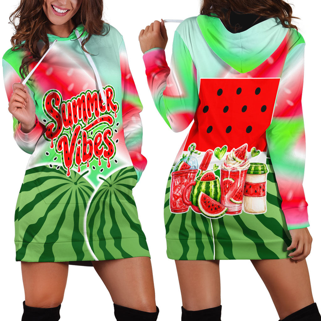 Summer Vibes Watermelon Hoodie Dress Drinks And Fruit - Vibrant Watercolor Style - Tropical Vacation Art