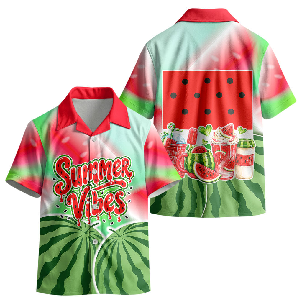 Summer Vibes Watermelon Kid Hawaiian Shirt Drinks And Fruit - Vibrant Watercolor Style - Tropical Vacation Art