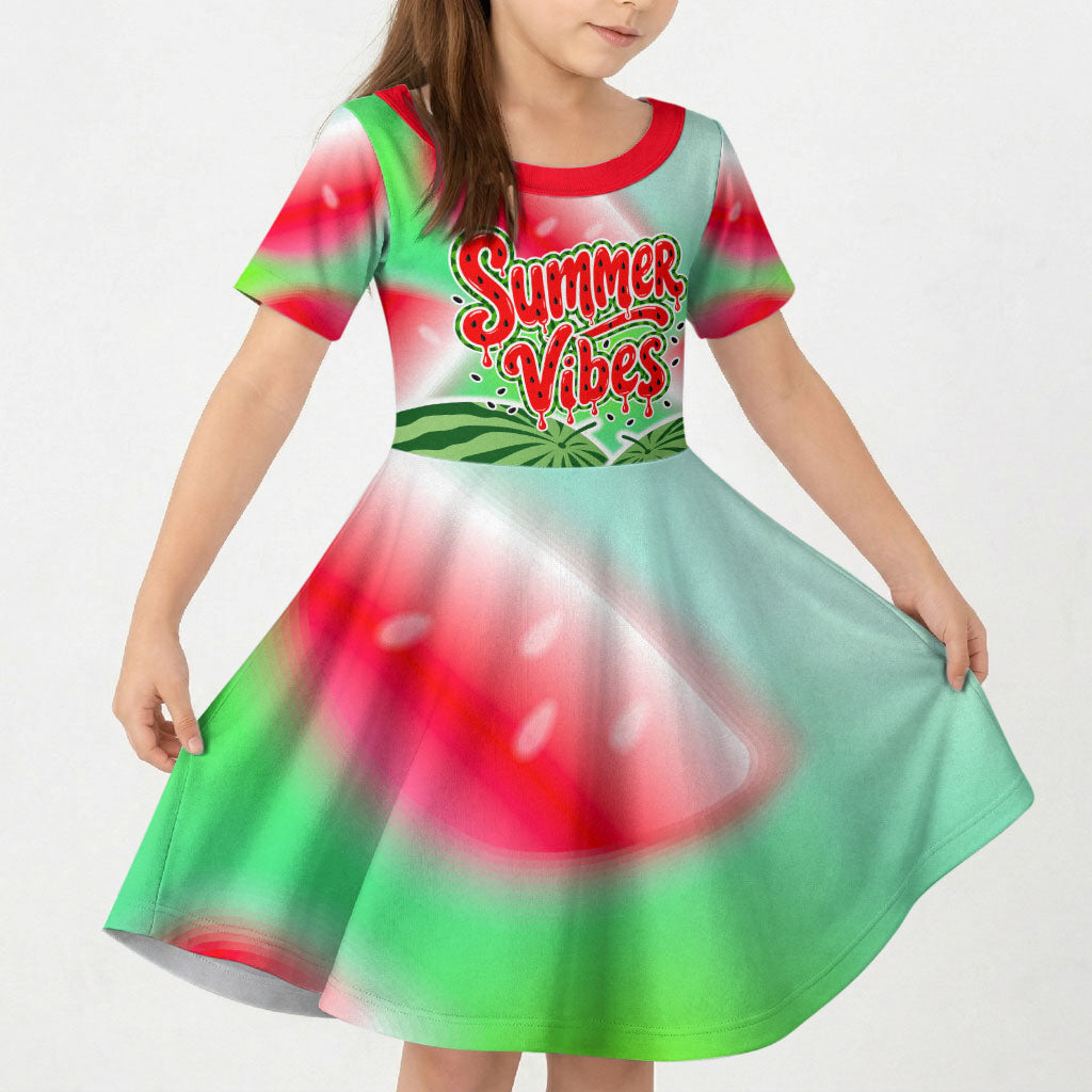 Summer Vibes Watermelon Kid Short Sleeve Dress Drinks And Fruit - Vibrant Watercolor Style - Tropical Vacation Art