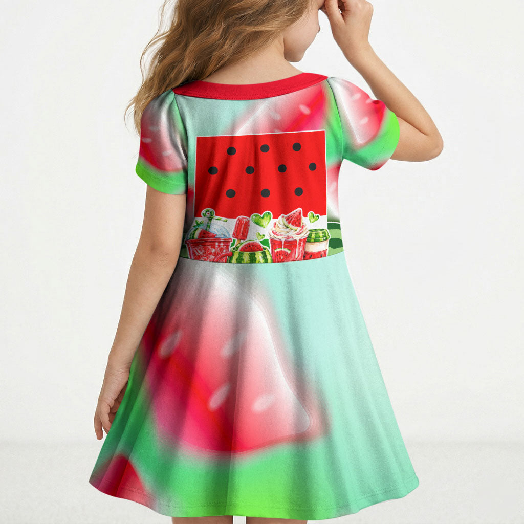 Summer Vibes Watermelon Kid Short Sleeve Dress Drinks And Fruit - Vibrant Watercolor Style - Tropical Vacation Art