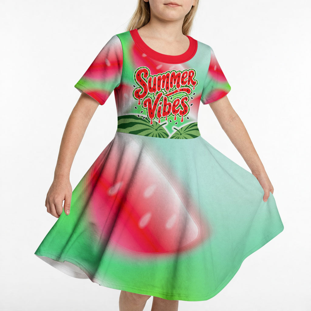 Summer Vibes Watermelon Kid Short Sleeve Dress Drinks And Fruit - Vibrant Watercolor Style - Tropical Vacation Art