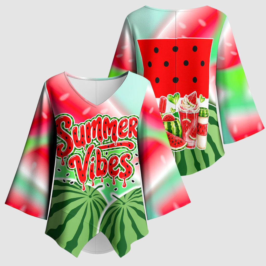 Summer Vibes Watermelon Kimono Sleeve Blouse Drinks And Fruit - Vibrant Watercolor Style - Tropical Vacation Art