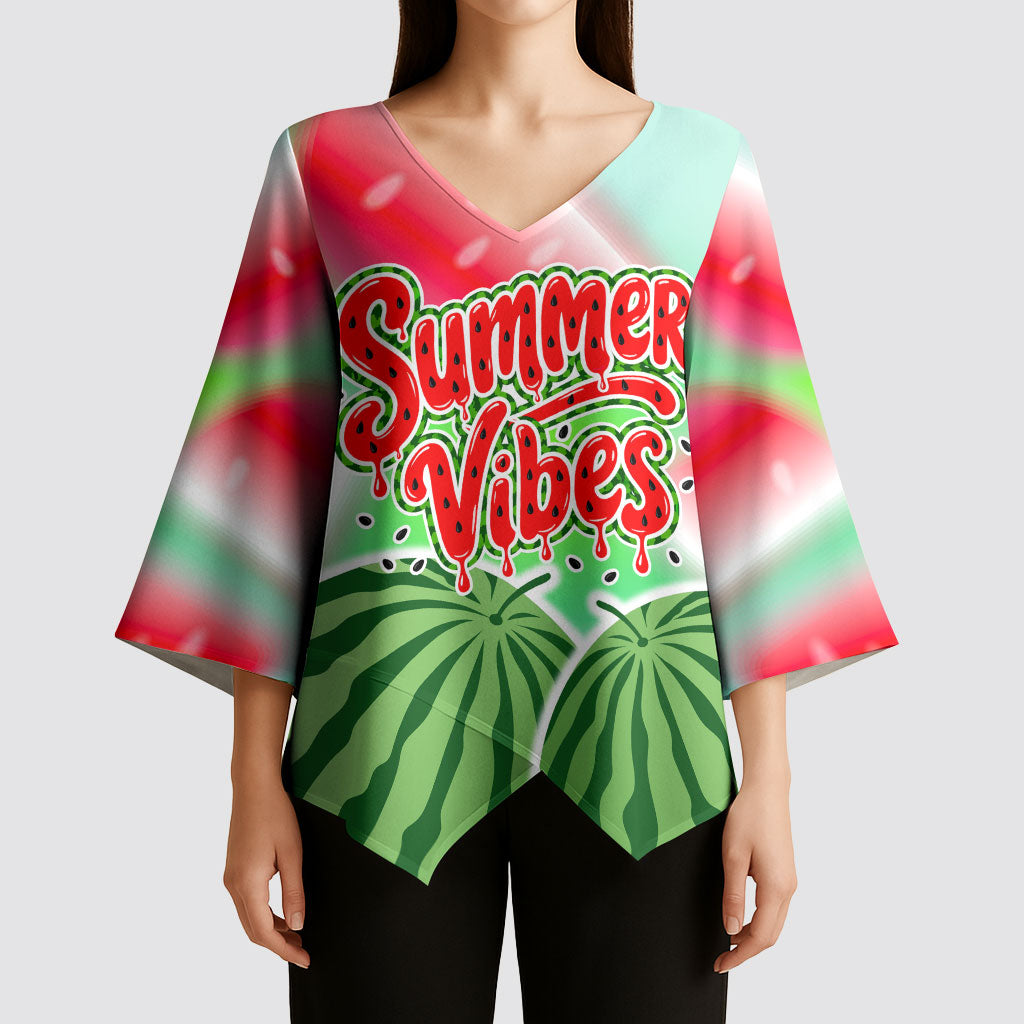 Summer Vibes Watermelon Kimono Sleeve Blouse Drinks And Fruit - Vibrant Watercolor Style - Tropical Vacation Art