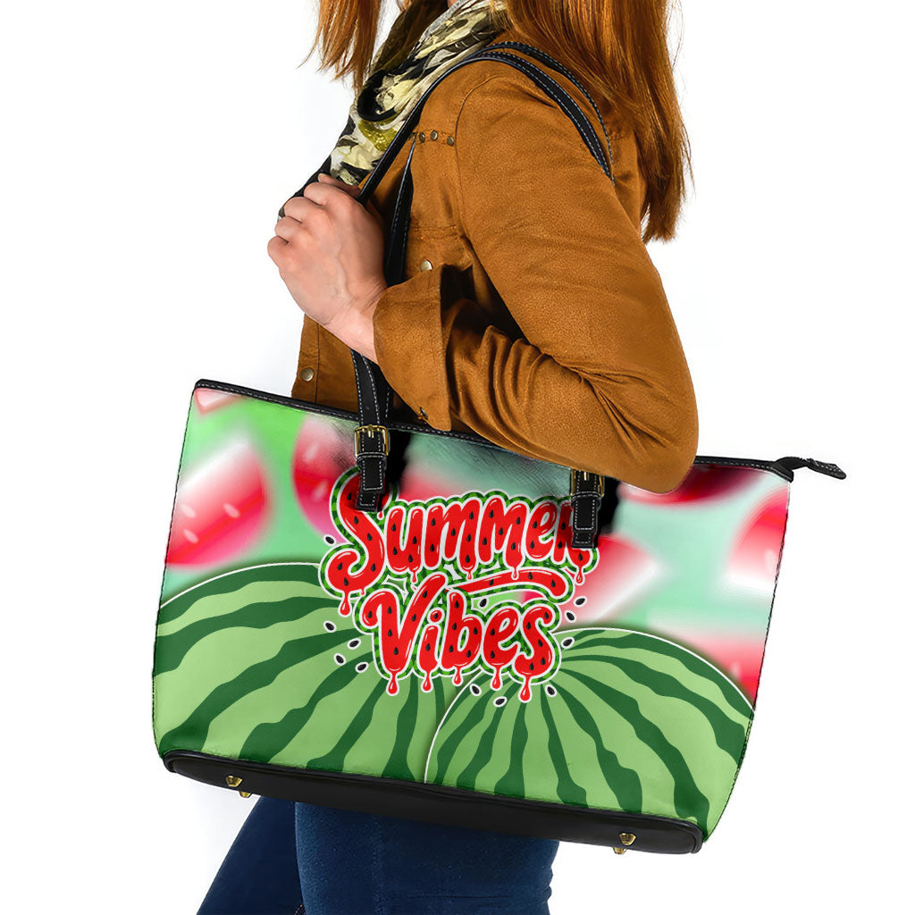 Summer Vibes Watermelon Leather Tote Bag Drinks And Fruit - Vibrant Watercolor Style - Tropical Vacation Art