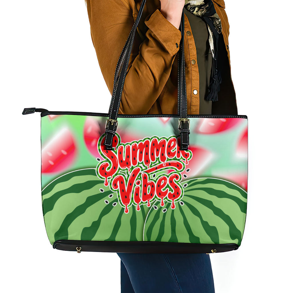 Summer Vibes Watermelon Leather Tote Bag Drinks And Fruit - Vibrant Watercolor Style - Tropical Vacation Art