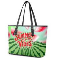 Summer Vibes Watermelon Leather Tote Bag Drinks And Fruit - Vibrant Watercolor Style - Tropical Vacation Art