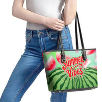 Summer Vibes Watermelon Leather Tote Bag Drinks And Fruit - Vibrant Watercolor Style - Tropical Vacation Art