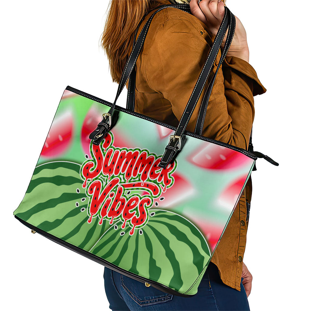 Summer Vibes Watermelon Leather Tote Bag Drinks And Fruit - Vibrant Watercolor Style - Tropical Vacation Art