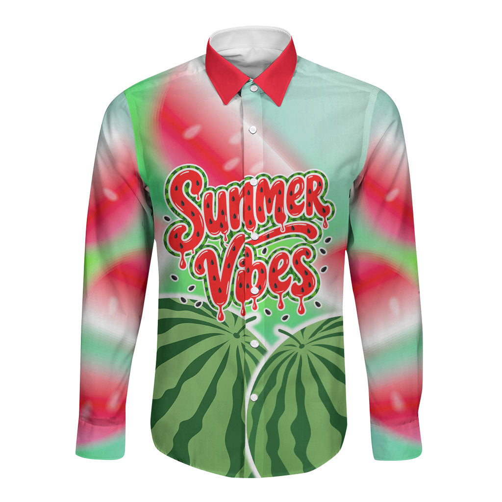 Summer Vibes Watermelon Long Sleeve Button Shirt Drinks And Fruit - Vibrant Watercolor Style - Tropical Vacation Art
