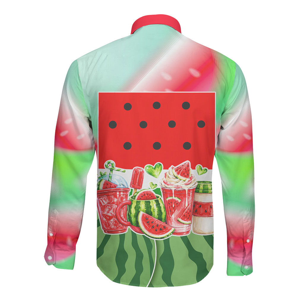 Summer Vibes Watermelon Long Sleeve Button Shirt Drinks And Fruit - Vibrant Watercolor Style - Tropical Vacation Art
