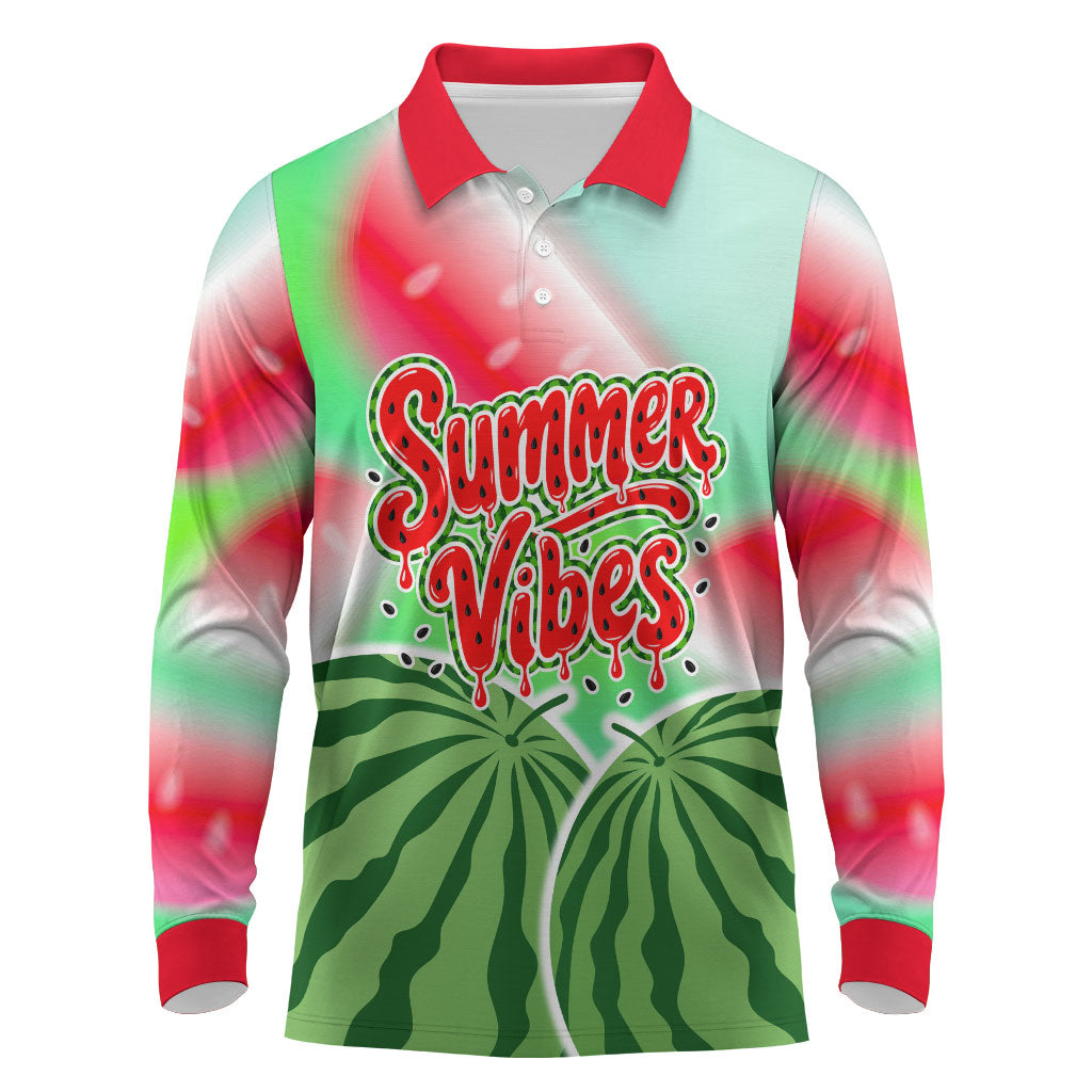 Summer Vibes Watermelon Long Sleeve Polo Shirt Drinks And Fruit - Vibrant Watercolor Style - Tropical Vacation Art