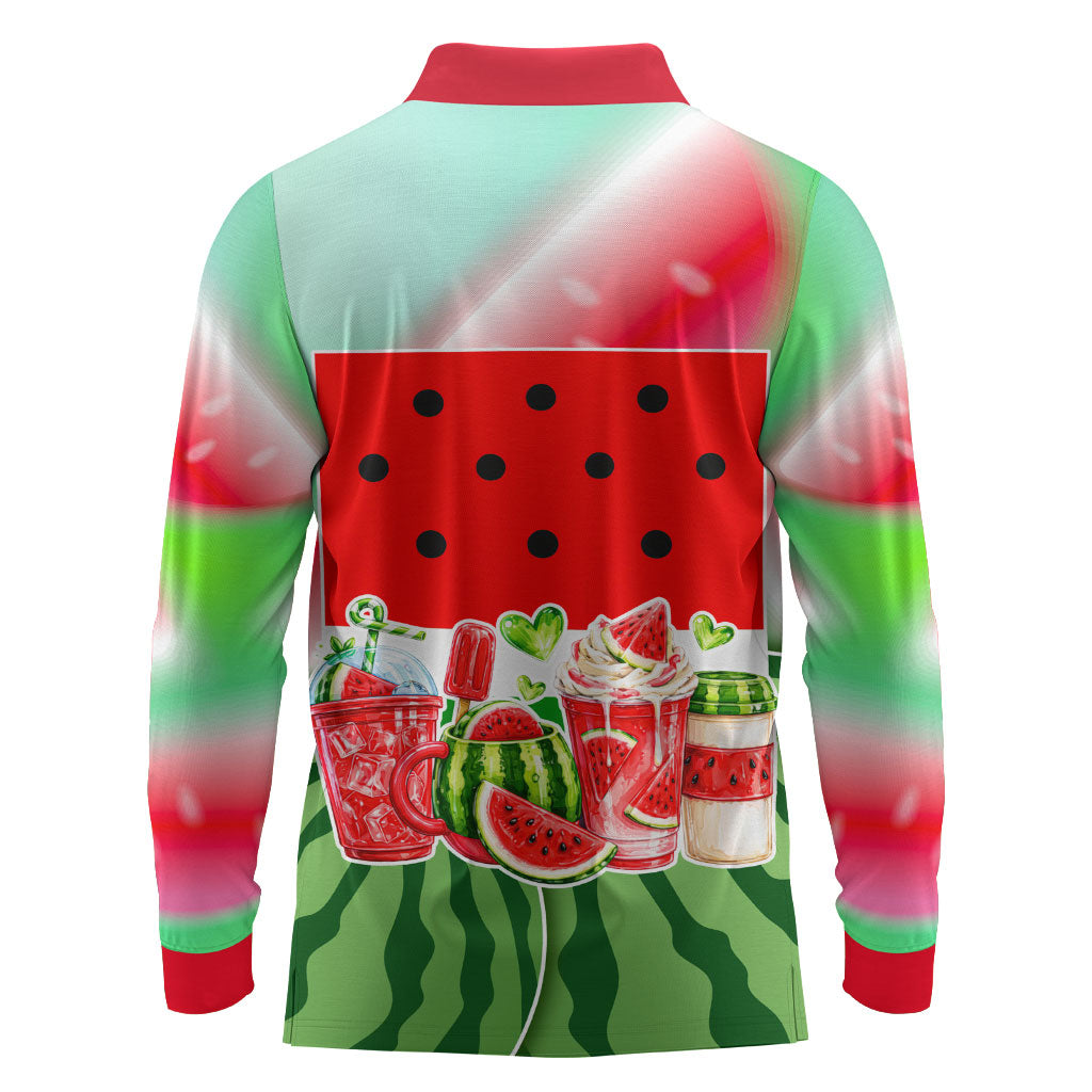 Summer Vibes Watermelon Long Sleeve Polo Shirt Drinks And Fruit - Vibrant Watercolor Style - Tropical Vacation Art