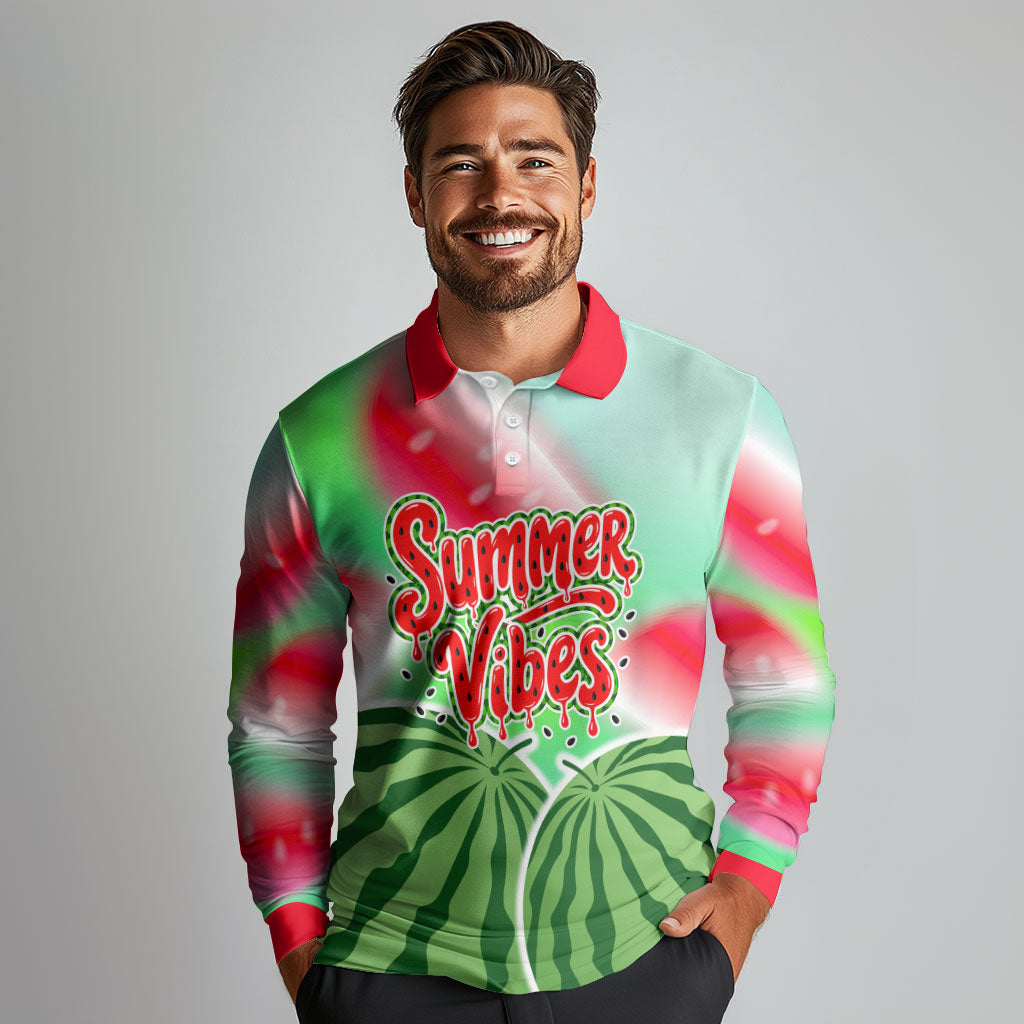 Summer Vibes Watermelon Long Sleeve Polo Shirt Drinks And Fruit - Vibrant Watercolor Style - Tropical Vacation Art